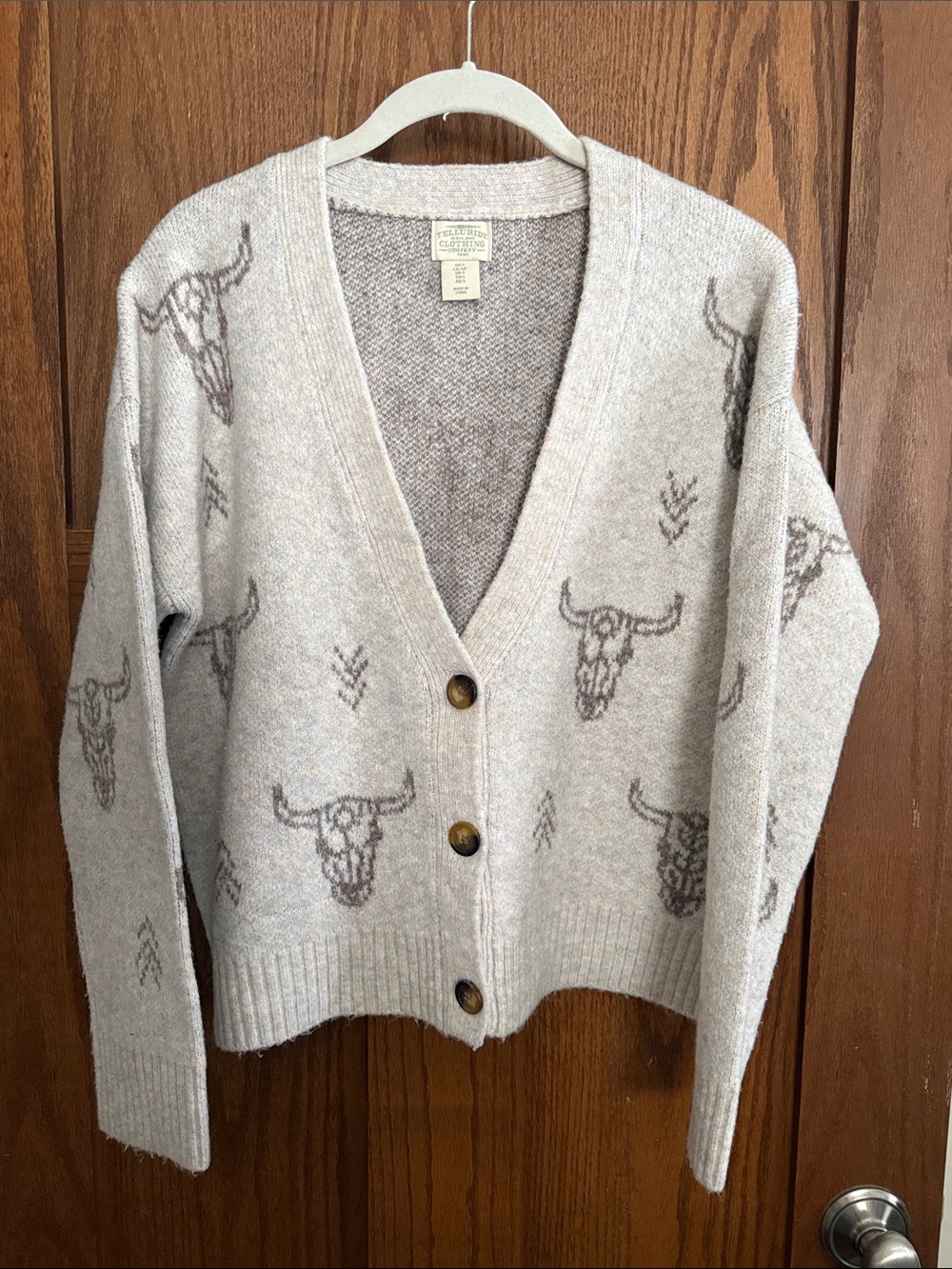 Telluride Clothing Company Button-Front Beige Cow Skull Cardigan Sweater